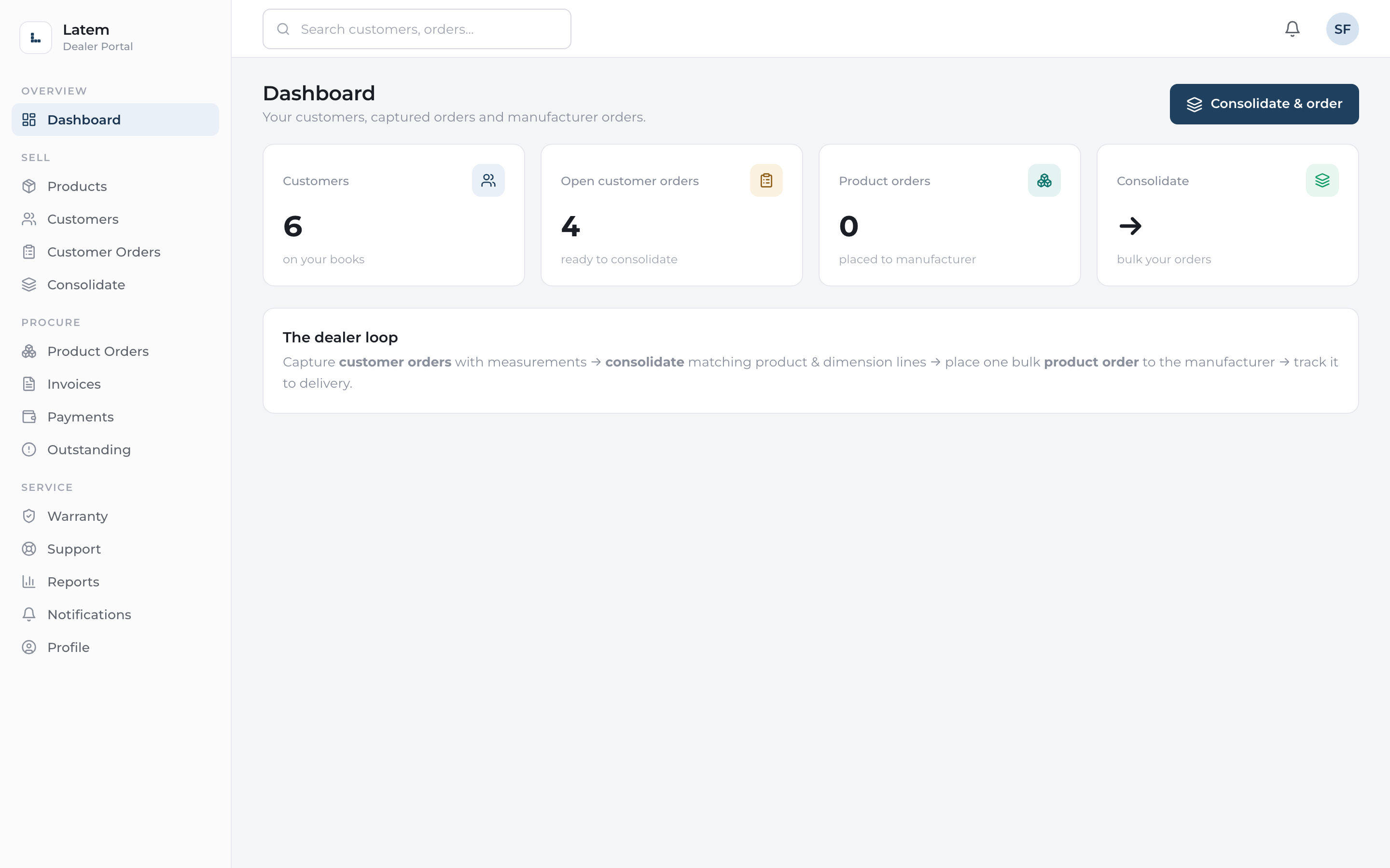 Latem dealer portal dashboard showing customers, open orders and consolidation
